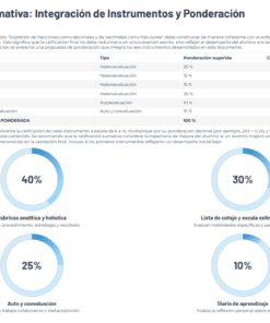 Tabla y diagramas circulares que muestran la integración y ponderación de los instrumentos de evaluación para una evaluación de matemáticas, con porcentajes para las rúbricas analíticas (40%), la autoevaluación entre compañeros (25%), la lista de control (30%) y el diario de aprendizaje (10%).