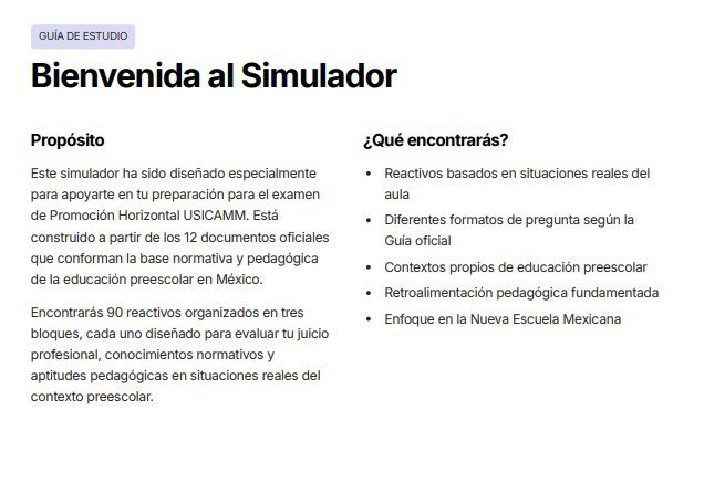 Guía de estudio Promoción Horizontal 2026–2027 – Educación Preescolar 9 Captura de pantalla de una página web en español titulada "Bienvenida al Simulador", que describe un simulador para la preparación de exámenes. Enumera su propósito a la izquierda y lo que los usuarios encontrarán, como reactivos y situaciones reales de clase, a la derecha.