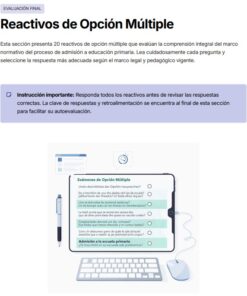 Una ilustración digital muestra una tableta en la que aparece un examen tipo test, con un teclado, un ratón, un lápiz y papeles a su alrededor. Arriba, las instrucciones destacan la importancia de responder a todas las preguntas para la autoevaluación.