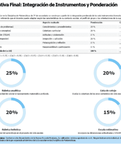 Resumen visual de una tabla que muestra la integración y ponderación de instrumentos de evaluación (rúbricas y listas de cotejo) y dos gráficos circulares con porcentajes: 25% para rúbrica analítica y 25% para rúbrica holística.