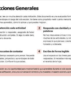 Planeaciones NEM 1° Primaria 2026-2027 Editables en Word | Proyectos, Evaluación Formativa y Ciclo Completo 20 Instrucciones generales sobre una evaluación formativa escolar, con cuatro pasos numerados: leer la consigna, responder con tus palabras, reflexionar antes de contestar y escribir de forma legible. Recuadro: no es examen.
