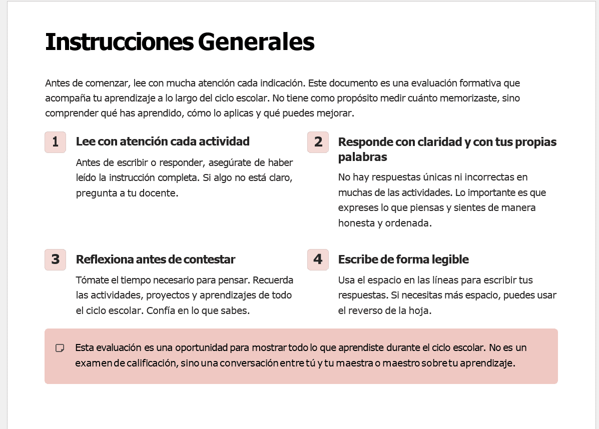 Planeaciones NEM 1° Primaria 2026-2027 Editables en Word | Proyectos, Evaluación Formativa y Ciclo Completo 9 Instrucciones generales sobre una evaluación formativa escolar, con cuatro pasos numerados: leer la consigna, responder con tus palabras, reflexionar antes de contestar y escribir de forma legible. Recuadro: no es examen.