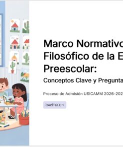 Ilustración de diversos niños en edad preescolar haciendo manualidades en una mesa en un aula luminosa con estantes de juguetes y libros. El texto de la derecha detalla conceptos de educación preescolar para el proceso de admisión USICAMM 2026-2027.