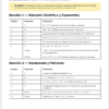 Una tabla de respuestas en español para un examen de matemáticas muestra notación científica, exponentes y patrones. Incluye columnas para 