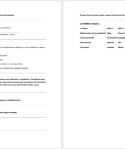 Dos páginas de un examen en español con instrucciones, un escenario sobre un estudiante enfermo y preguntas. La página derecha incluye una rúbrica con criterios como vocabulario y coherencia, y niveles de evaluación del 1 al 4.