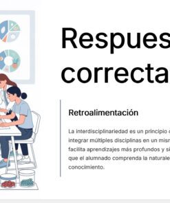 Cuatro estudiantes sentados alrededor de una mesa trabajando en un proyecto de ciencias con gráficos, modelos y material de laboratorio. El texto dice 