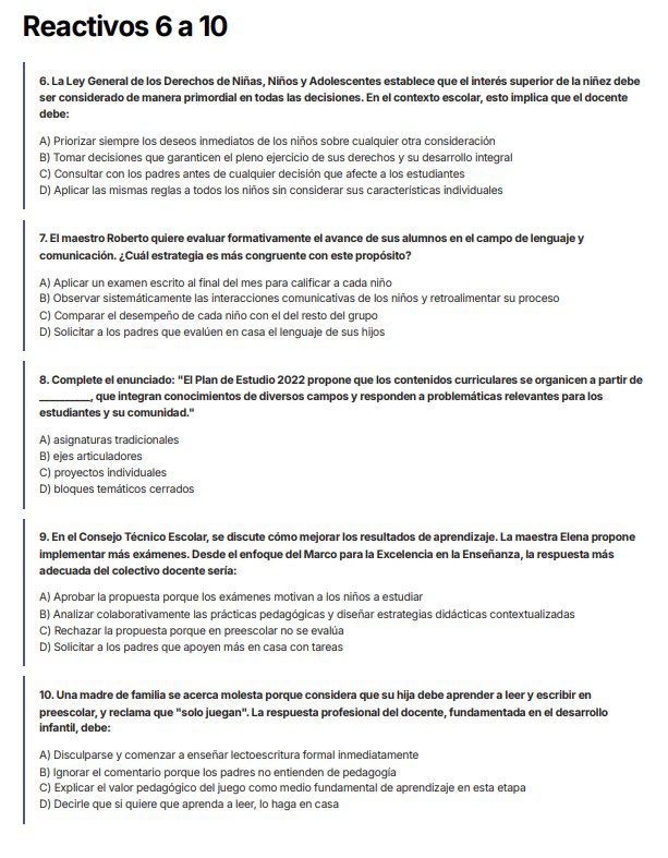 Guía de estudio Promoción Horizontal 2026–2027 – Educación Preescolar 10 Una hoja de ejercicios titulada "Reactivos 6 a 10" presenta cinco preguntas de opción múltiple sobre políticas educativas, estrategias de aula y evaluación de las destrezas de lectura y comunicación, cada una con cuatro opciones de respuesta etiquetadas a-d.