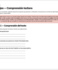 Hoja de ejercicios de comprensión lectora en español con una breve historia sobre Mariana visitando un pueblo. Incluye tres preguntas sobre el texto y líneas en blanco para que los alumnos escriban sus respuestas.