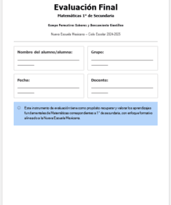 Plan de Atención al Rezago Matemáticas 1° Secundaria (NEM) | Cierre de Ciclo Escolar Mayo-Junio | Editable en Word con Evaluación Final 22 Portada de examen de matemáticas en español para alumnos de 1er grado de secundaria. Incluye espacios para el nombre del alumno, el grupo, la fecha, el profesor y una nota que explica la finalidad del examen dentro del sistema educativo mexicano.