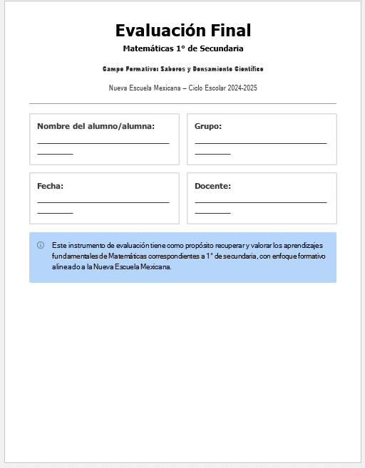 Plan de Atención al Rezago Matemáticas 1° Secundaria (NEM) | Cierre de Ciclo Escolar Mayo-Junio | Editable en Word con Evaluación Final 10 Portada de examen de matemáticas en español para alumnos de 1er grado de secundaria. Incluye espacios para el nombre del alumno, el grupo, la fecha, el profesor y una nota que explica la finalidad del examen dentro del sistema educativo mexicano.
