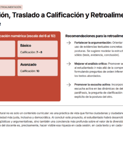A table muestra la escala de calificación numérica (inicial, básico, satisfactorio, avanzado) y una lista de recomendaciones para la retroalimentación docente. Abajo, un texto describe la importancia del diálogo intercultural en la educación.