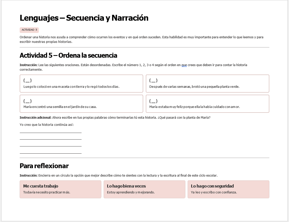 Planeaciones NEM 1° Primaria 2026-2027 Editables en Word | Proyectos, Evaluación Formativa y Ciclo Completo 10 Captura de pantalla de una actividad de lengua española titulada "Lenguajes - Secuencia y Narración". En ella se pide a los alumnos que ordenen los acontecimientos de la historia, escriban su propio final y elijan su opinión sobre la tarea entre las tres opciones de reflexión que aparecen en la parte inferior.