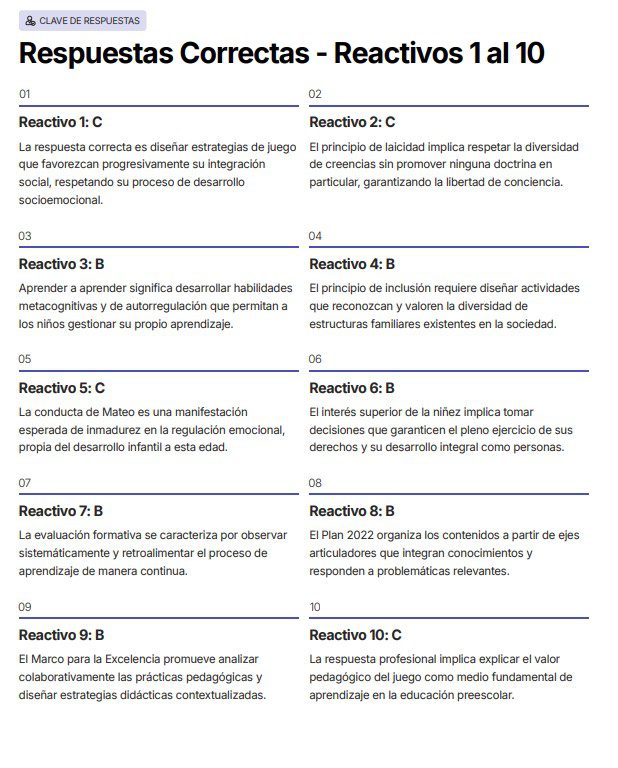 Guía de estudio Promoción Horizontal 2026–2027 – Educación Preescolar 11 Una lista titulada "Respuestas Correctas - Reactivos 1 al 10" muestra 10 preguntas numeradas de opción múltiple, cada una con la respuesta correcta marcada con una letra y una breve explicación en español debajo de cada respuesta.