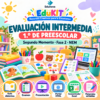 Material educativo colorido para la evaluación en educación infantil: libros, fichas, tableta y material con iconos de orientación y evaluación.