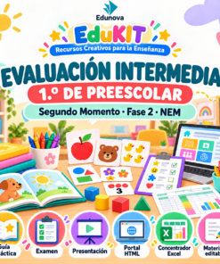 Material educativo colorido para la evaluación en educación infantil: libros, fichas, tableta y material con iconos de orientación y evaluación.