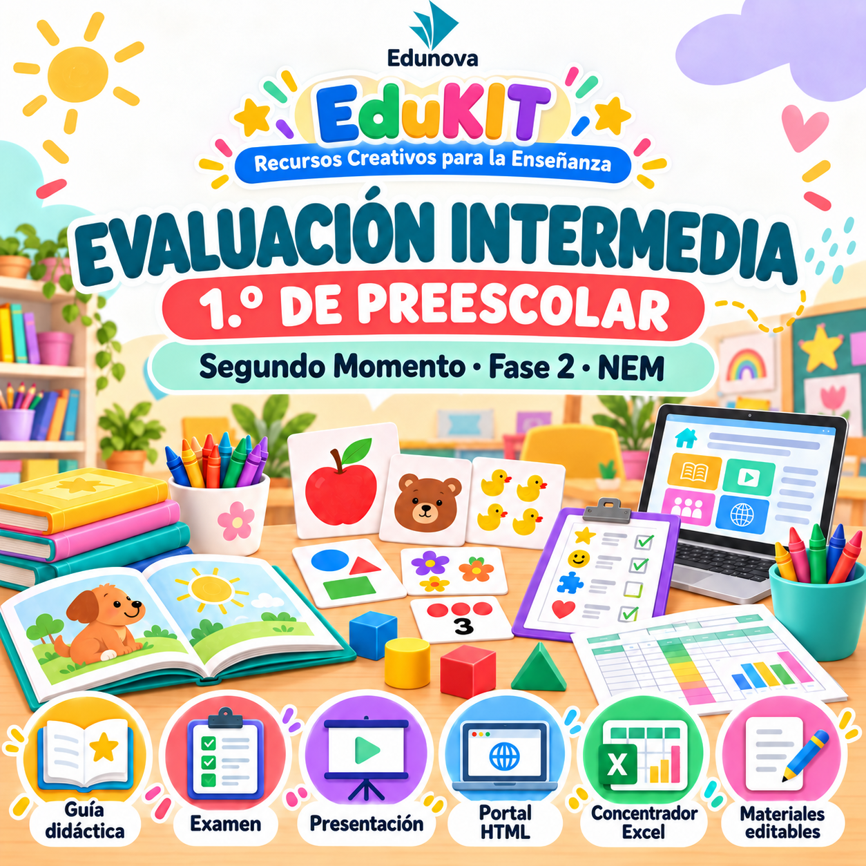 EduKIT Evaluación Intermedia Preescolar 1° | Segundo Momento NEM Fase 2 1 Material educativo colorido para la evaluación en educación infantil: libros, fichas, tableta y material con iconos de orientación y evaluación.