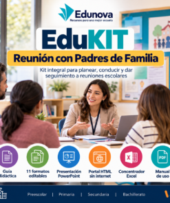 Cinco adultos conversan en una mesa junto a un cartel sobre EduKIT, un kit para reuniones entre padres y profesores.