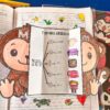 Una colorida hoja de trabajo con un mono recortado muestra la "Familia silábica" para la letra M, mostrando sílabas (ma, me, mi, mo, mu) con ilustraciones. El fondo muestra un cuaderno con garabatos y dibujos.