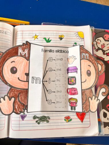 Una colorida hoja de trabajo con un mono recortado muestra la "Familia silábica" para la letra M, mostrando sílabas (ma, me, mi, mo, mu) con ilustraciones. El fondo muestra un cuaderno con garabatos y dibujos.