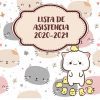 Una imagen alegre con el texto "LISTA DE ASISTENCIA 2020-2021 'MININOS'" en un marco decorativo, rodeada de simpáticas ilustraciones de mininos, un oso y pollitos sobre un fondo pastel con corazones y hojas.