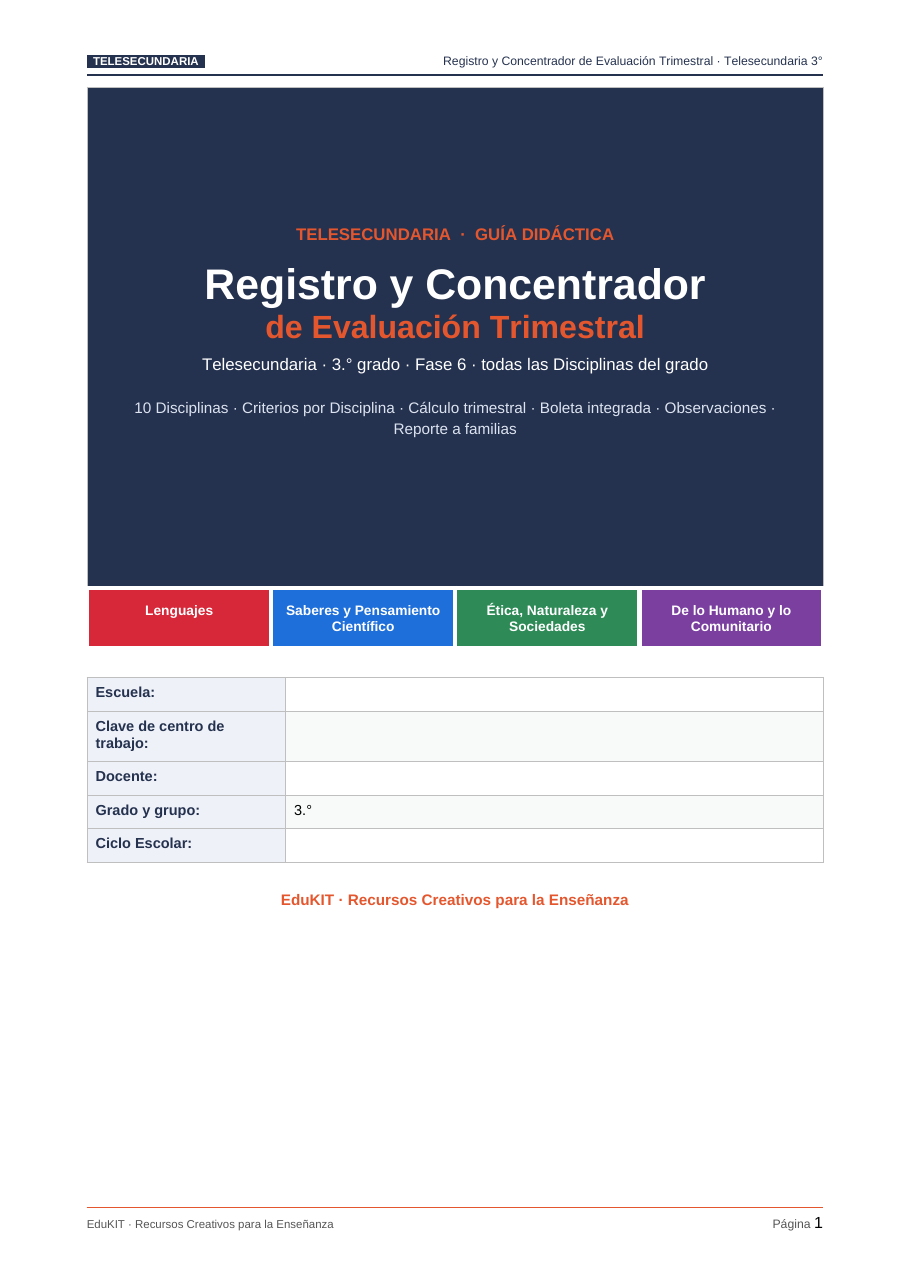 EduKIT Evaluación Trimestral Telesecundaria 3° | Registro y Concentrador NEM 2 Portada del registro de evaluación de telesecundaria de 3.º curso con las asignaturas, los criterios y los datos escolares organizados.