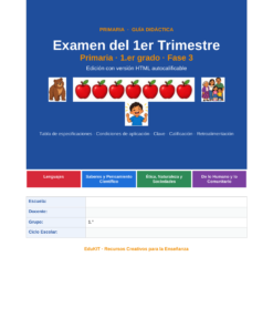 EduKIT Examen 1er Trimestre Primaria 1° | Evaluación Ilustrada y Recursos Digitales 8 Portada de una guía de repaso para 1.º de primaria con animales, niños, manzanas y separadores de asignaturas por colores.