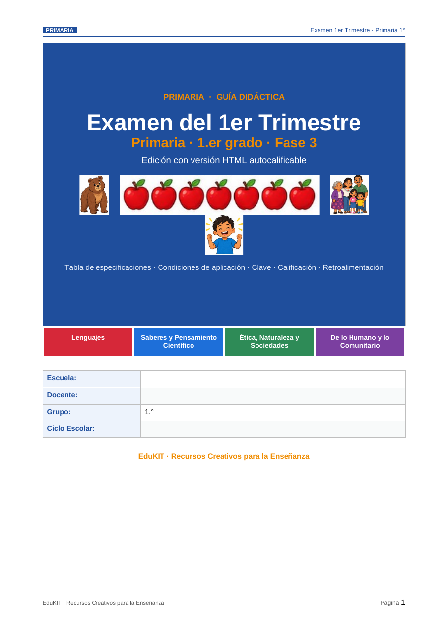 EduKIT Examen 1er Trimestre Primaria 1° | Evaluación Ilustrada y Recursos Digitales 2 Portada de una guía de repaso para 1.º de primaria con animales, niños, manzanas y separadores de asignaturas por colores.