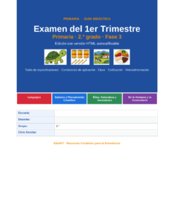 EduKIT Examen 1er Trimestre Primaria 2° | Evaluación Ilustrada y Recursos Digitales 8 Portada del examen escolar de 2.º curso en español, asignaturas y detalles con iconos de una tortuga, un árbol y un niño, datos del colegio.