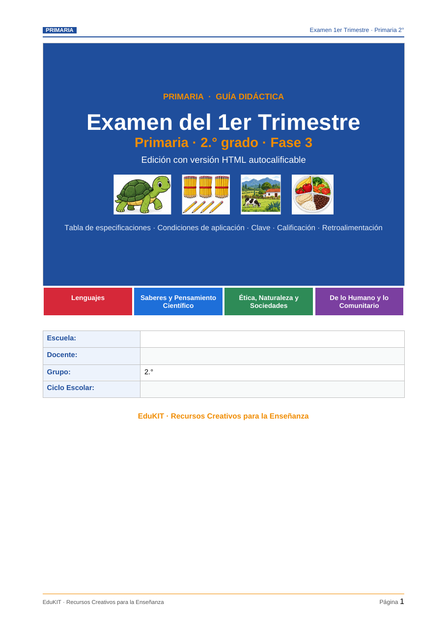 EduKIT Examen 1er Trimestre Primaria 2° | Evaluación Ilustrada y Recursos Digitales 2 Portada del examen escolar de 2.º curso en español, asignaturas y detalles con iconos de una tortuga, un árbol y un niño, datos del colegio.