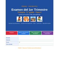 EduKIT Examen 1er Trimestre Primaria 3° | Evaluación Ilustrada y Recursos Digitales 8 Portada de una guía de exámenes para tercer curso en español, con asignaturas, dibujos de niños e información escolar.