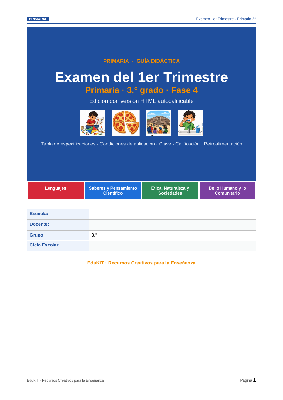 EduKIT Examen 1er Trimestre Primaria 3° | Evaluación Ilustrada y Recursos Digitales 2 Portada de una guía de exámenes para tercer curso en español, con asignaturas, dibujos de niños e información escolar.