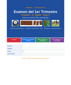 EduKIT Examen 1er Trimestre Primaria 4° | Evaluación Ilustrada y Recursos Digitales 8 Portada de un examen de cuarto de primaria en español con iconos de las asignaturas, datos escolares y una sección de contenidos.