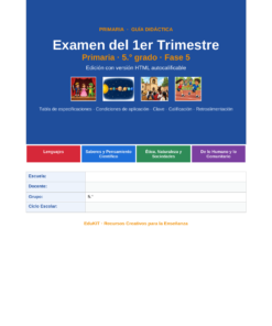 Examen 1er Trimestre Primaria 5° | Evaluación Ilustrada y Recursos Digitales 8 Portada de la guía de exámenes trimestrales para quinto de primaria en español, con espacios para indicar las asignaturas, el colegio y el alumno.