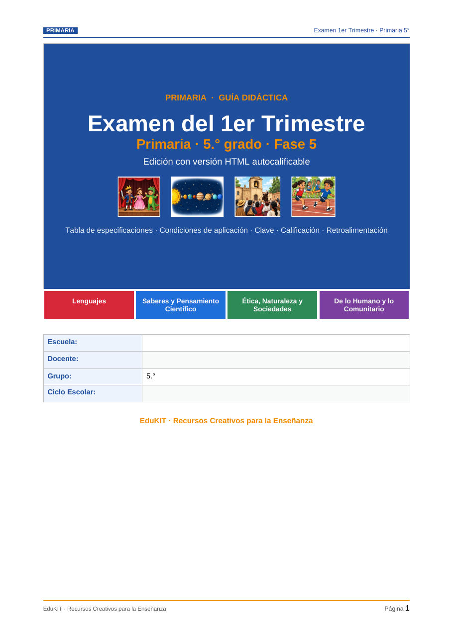 Examen 1er Trimestre Primaria 5° | Evaluación Ilustrada y Recursos Digitales 2 Portada de la guía de exámenes trimestrales para quinto de primaria en español, con espacios para indicar las asignaturas, el colegio y el alumno.