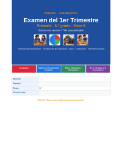 EduKIT Examen 1er Trimestre Primaria 6° | Evaluación Ilustrada y Recursos Digitales 8 Portada de la guía de exámenes de primaria, sexto curso, en español, con asignaturas, curso escolar y campos para los datos escolares.