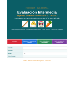 EduKIT Evaluación Intermedia Preescolar 2° | Segundo Momento NEM Fase 2 8 Portada de una guía de evaluación preescolar con criterios, categorías codificadas por colores y datos sobre el centro y el grupo.