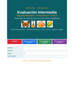 EduKIT Evaluación Intermedia Preescolar 3° | Segundo Momento NEM Fase 2 8 Portada de una guía educativa de educación infantil para la evaluación, con iconos de áreas de aprendizaje y campos, y datos escolares.