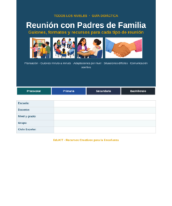 EduKIT para Reuniones con Padres de Familia | Formatos, Guiones, Presentación y Seguimiento 8 Portada de una guía escolar para reuniones familiares en español, con iconos de planificación, plantillas y niveles; espacios para indicar el colegio, el profesor y el curso.