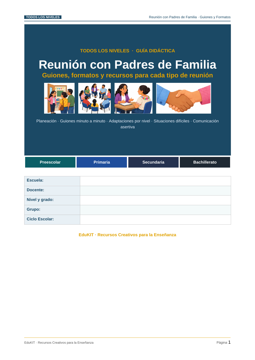 EduKIT para Reuniones con Padres de Familia | Formatos, Guiones, Presentación y Seguimiento 2 Portada de una guía escolar para reuniones familiares en español, con iconos de planificación, plantillas y niveles; espacios para indicar el colegio, el profesor y el curso.