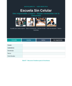 EduKIT Uso Responsable del Celular en Bachillerato | Reglamento, Consulta, Protocolos y Portal 8 Portada de la guía «Escuela sin móvil», con alumnos en uniforme, una matriz de decisiones y una tabla con datos escolares.