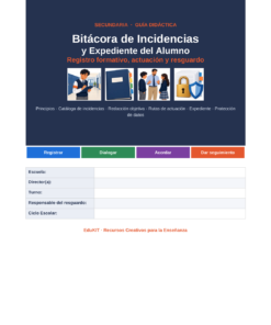 Portada del libro de registro escolar de incidentes, con secciones para los datos y botones: «Registrar», «Dialogar», «Acordar» y «Hacer un seguimiento».