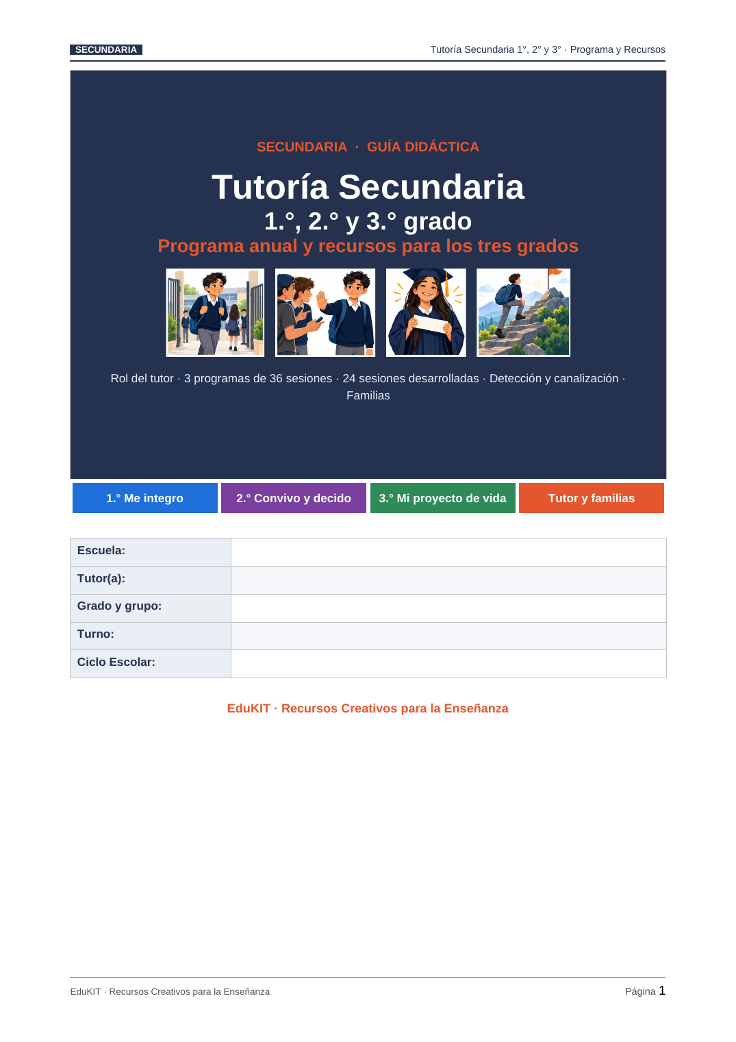 EduKIT Tutoría Secundaria 1°, 2° y 3° | Programa, Sesiones y Recursos Editable 2 Portada de la guía «Tutoría de Secundaria» para 1.º a 3.º, con programas anuales, sesiones y recursos para tutores y familias.