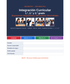 EduKIT Integración Curricular Secundaria 1°, 2° y 3° | Proyectos Interdisciplinarios y Sesiones 8 Portada de una guía didáctica para secundaria: incluye cuatro imágenes de actividades educativas y una tabla con información para el profesorado.