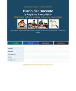 EduKIT Diario del Docente y Registro Anecdótico | Preescolar, Primaria, Secundaria y Bachillerato 8 Portada del Diario del Docente y Registro Anecdótico con campos para indicar el centro educativo, el profesor y el curso.