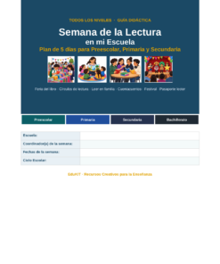 EduKIT Semana de la Lectura en mi Escuela | Actividades para Preescolar, Primaria y Secundaria 8 Portada de la guía EduKIT: «Semana de la Lectura en mi colegio», con un plan de lectura de cinco días y un formulario escolar.