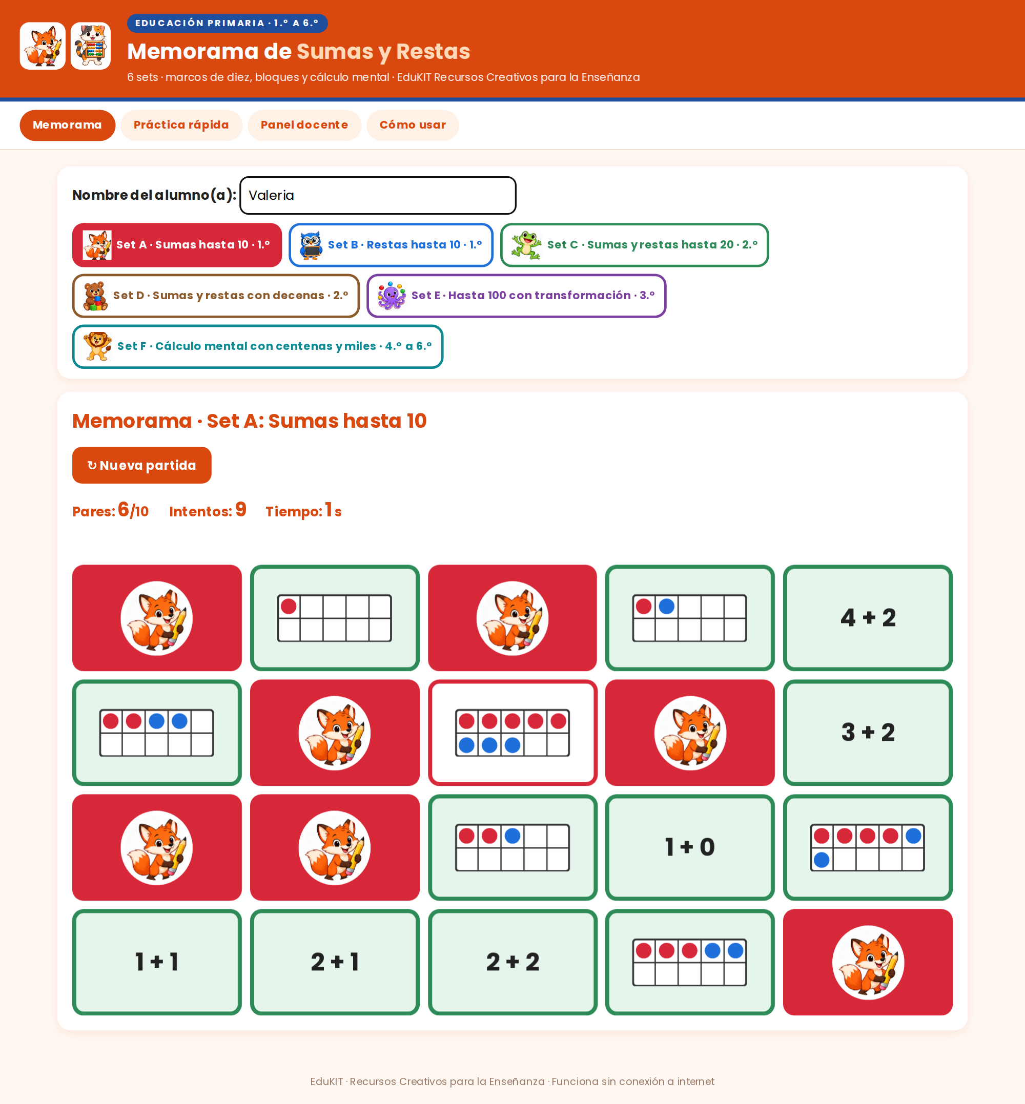 EduKIT Memorama de Sumas y Restas para Primaria | 120 Tarjetas, 6 Sets y Portal Interactivo 2 EduKIT Memorama de Sumas y Restas para Primaria | 120 Tarjetas, 6 Sets y Portal Interactivo - Imagen 2