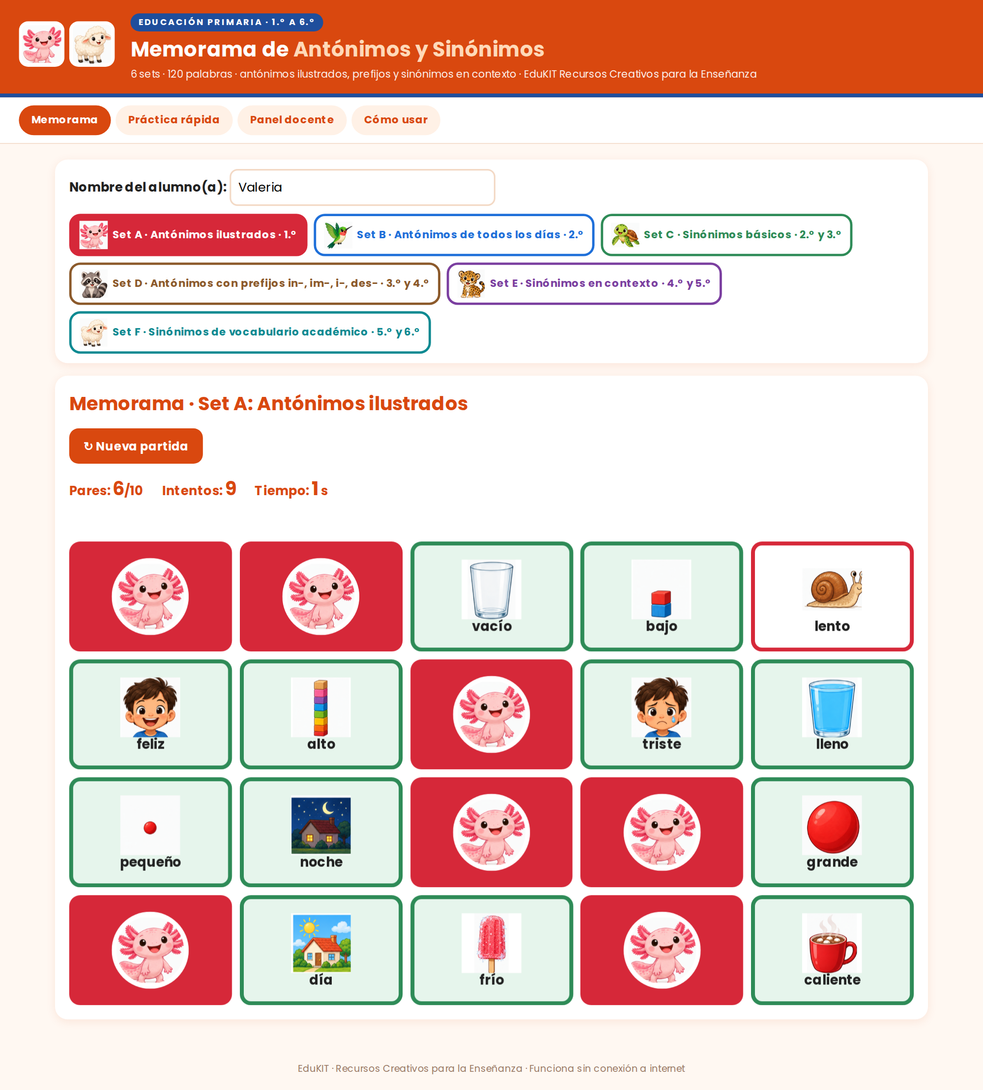 EduKIT Memorama de Antónimos y Sinónimos para Primaria | 120 Tarjetas, 6 Sets y Portal con Audio 2 EduKIT Memorama de Antónimos y Sinónimos para Primaria | 120 Tarjetas, 6 Sets y Portal con Audio - Imagen 2