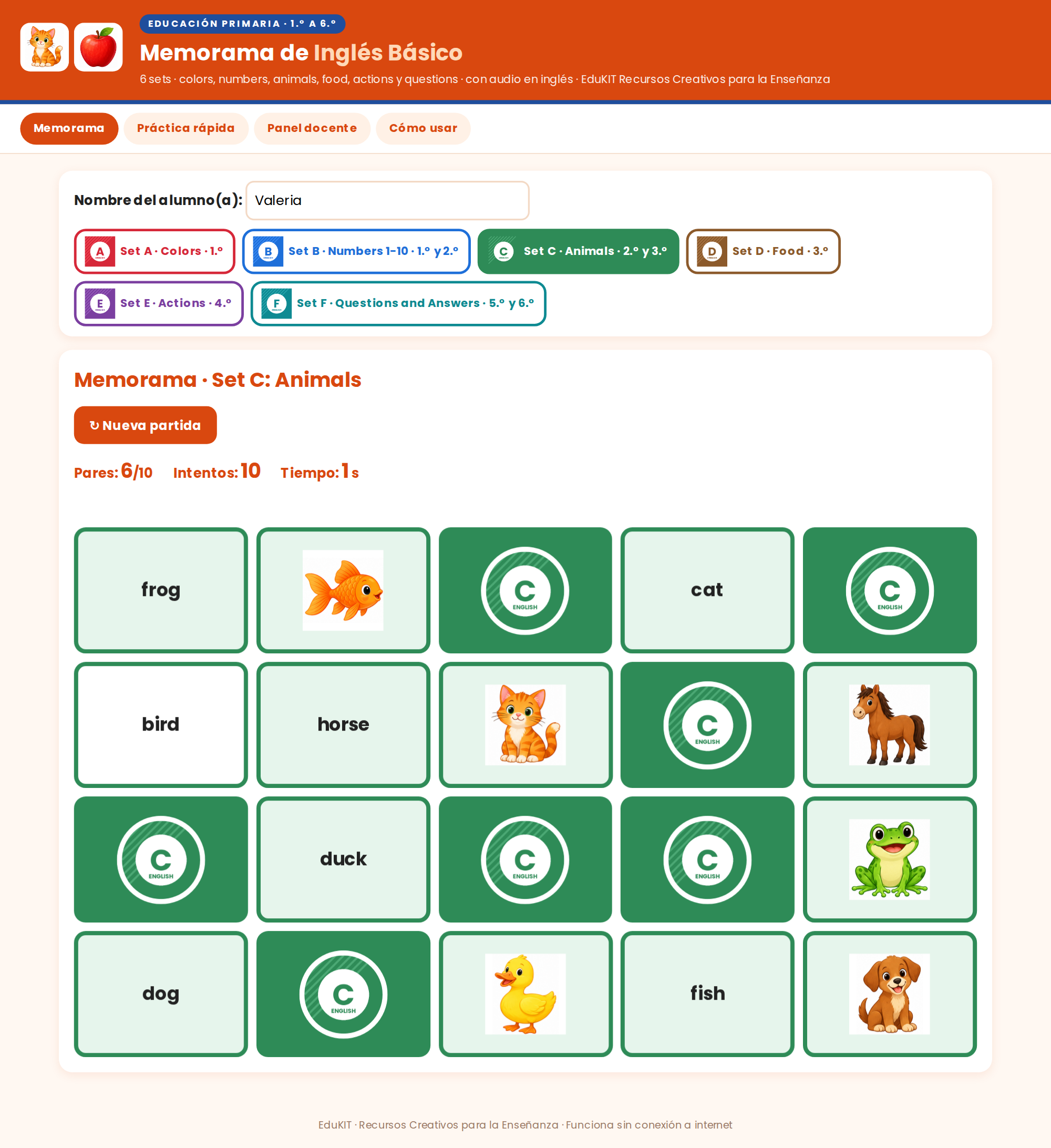 EduKIT Memorama de Inglés Básico para Primaria | 120 Tarjetas, 6 Sets y Portal con Audio en Inglés 2 EduKIT Memorama de Inglés Básico para Primaria | 120 Tarjetas, 6 Sets y Portal con Audio en Inglés - Imagen 2