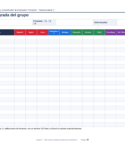 Boletín de notas escolar con columnas para los nombres, las asignaturas y la nota media general, en blanco y listo para rellenar.