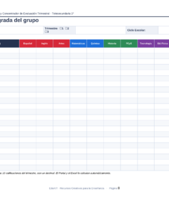 EduKIT Evaluación Trimestral Telesecundaria 3° | Registro y Concentrador NEM 9 Hoja de calificaciones en español en blanco, con columnas para las asignaturas, 15 alumnos y la nota media general.